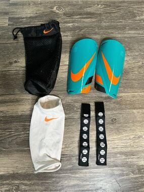 Nike Mercurial Soccer Shin Guards Small Teal Orange w Bag Sleeve Straps